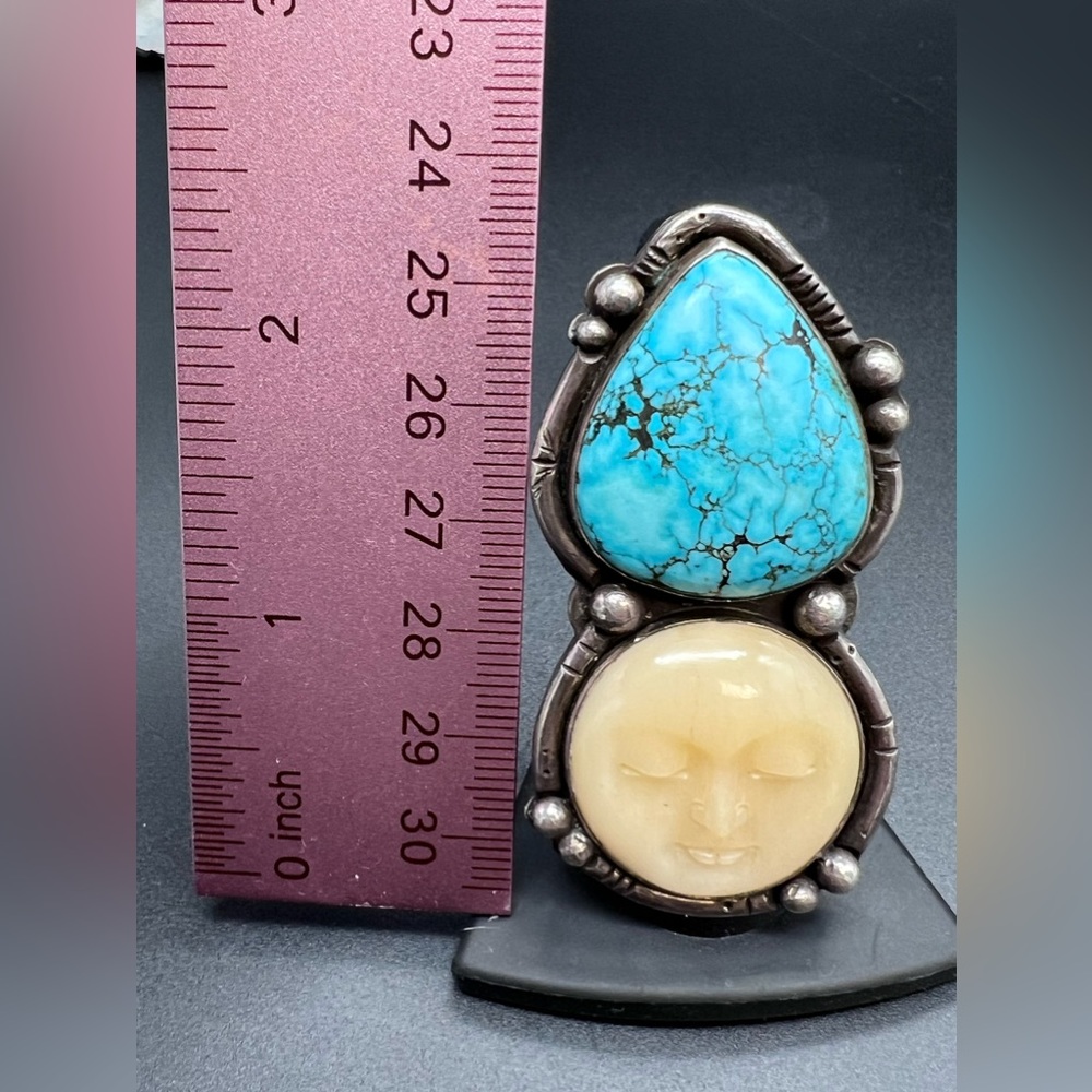 Turquoise & carved moon sterling ring